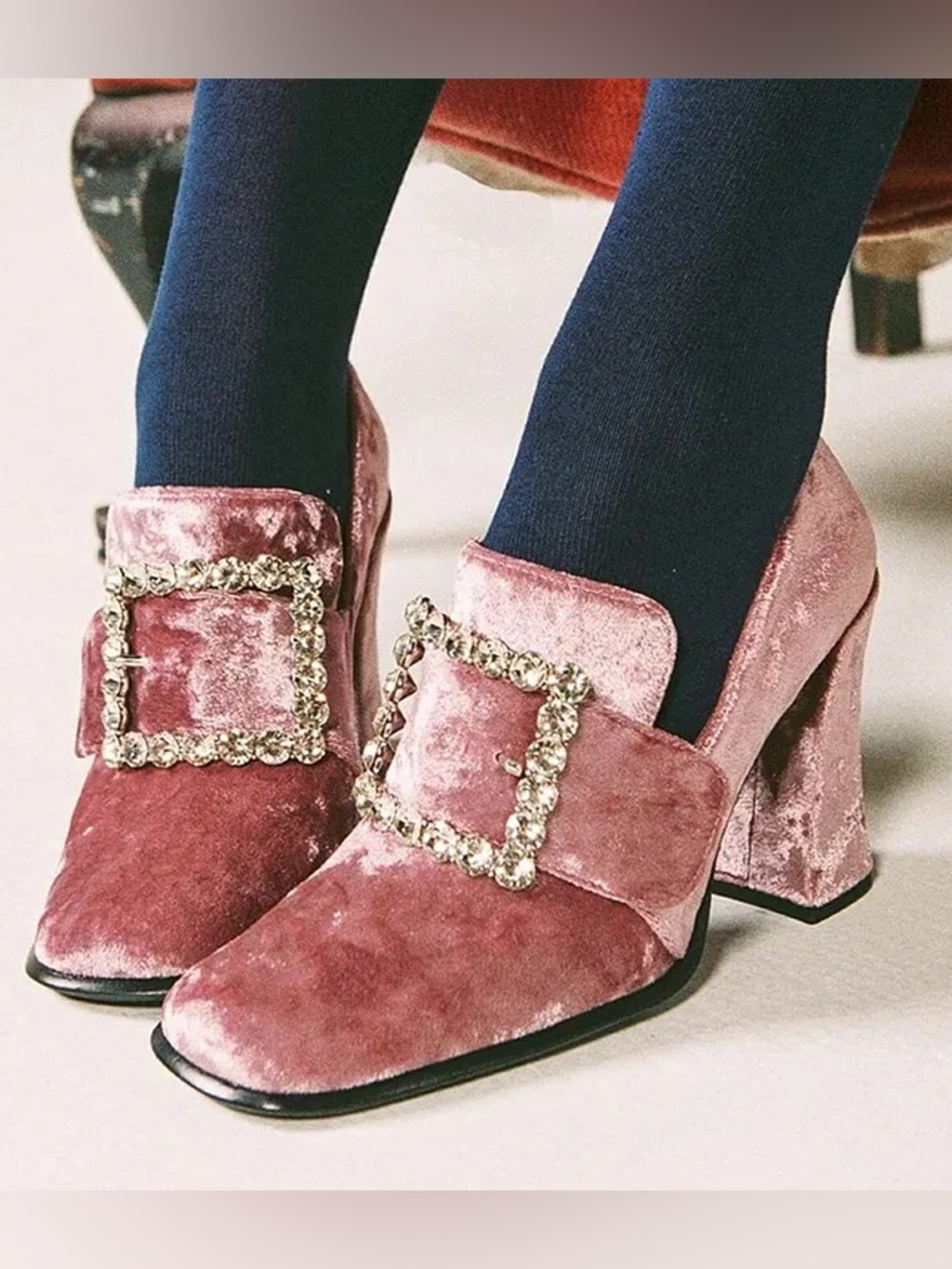 🆕{Jeffery Campbell} Velvet Chunky Rhinestone Buckle Heel Loafers - Picture 16 of 16
